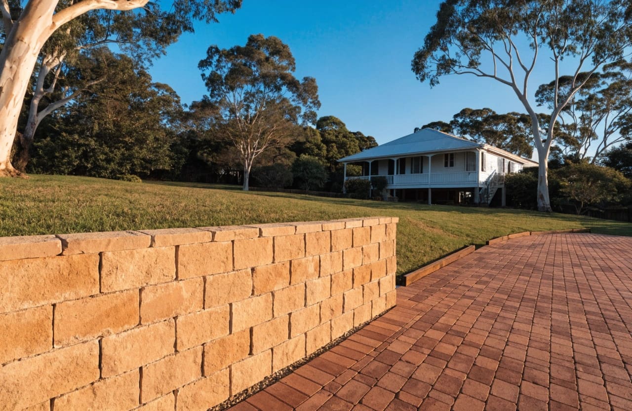 Completed sandstone retaining wall and paved patio landscaping project in Ipswich